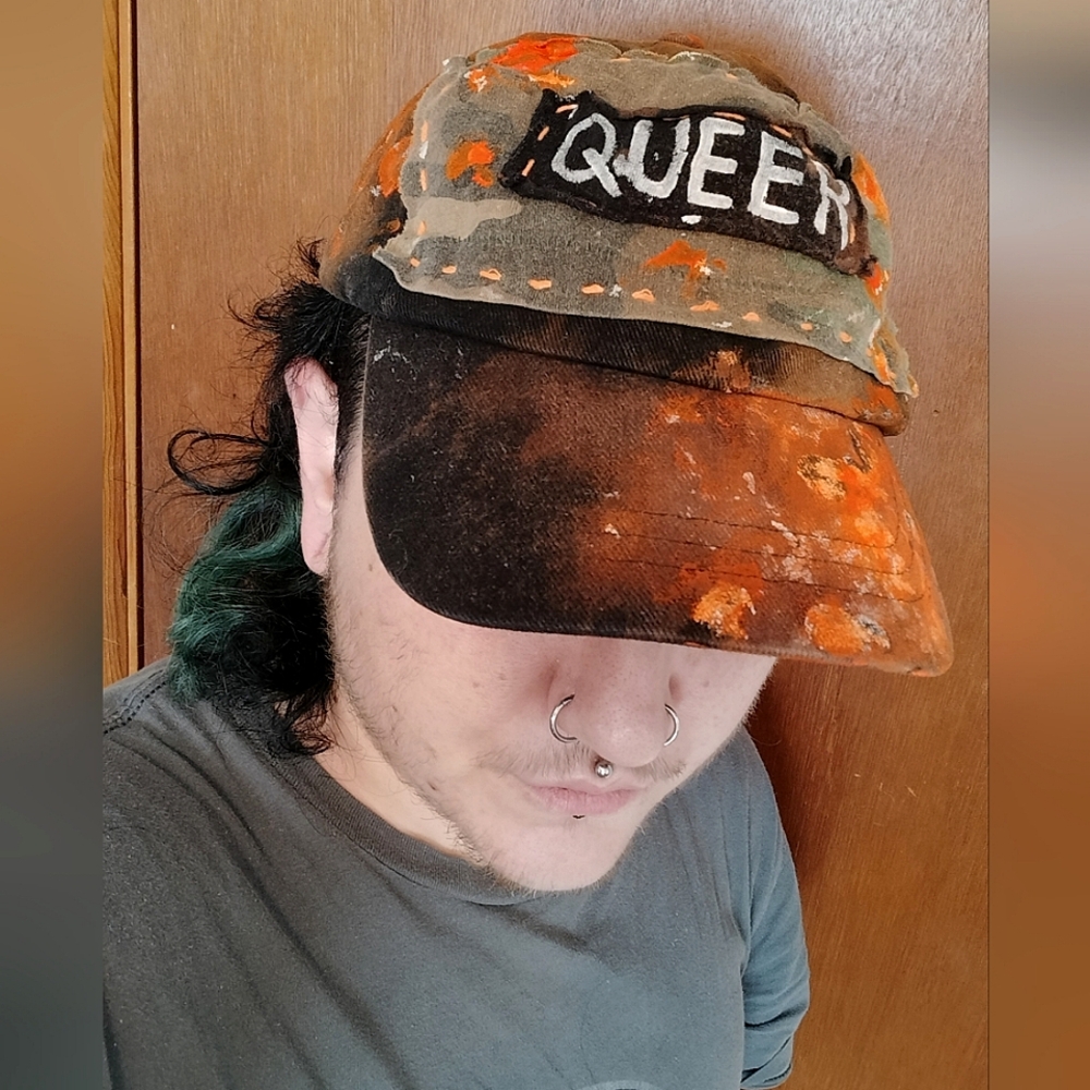 QUEER Camo Bleach Dyed Splatter Painted Hat (neon orange and camo) - Picture 2 of 8